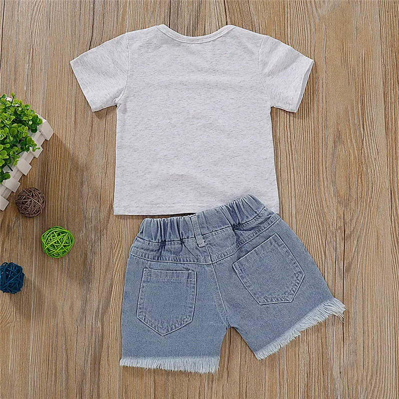 Girls Summer Clothing Kid Short Sleeve Letter Tops T-Shirt Denim Shorts Pants Outfits Kids Fashion Clothes toddler girl clothes | Мать и