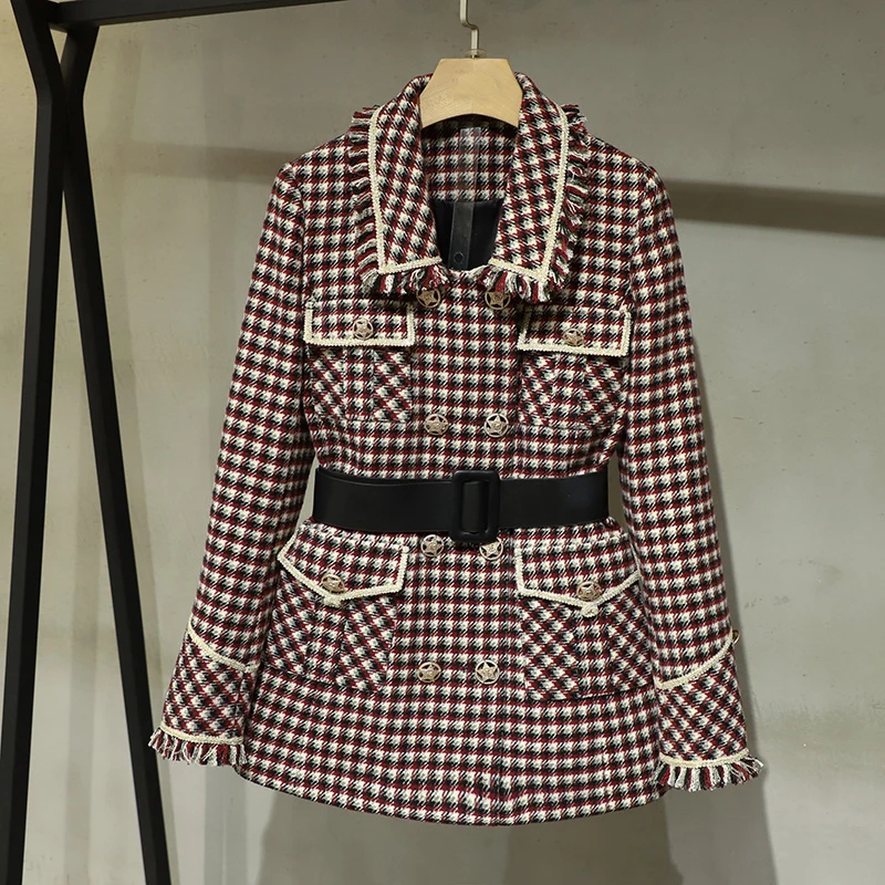 

Autumn High 2021FW Quality Women Plaid Tweed Jacket Coat With Belts For Ladies Clothes