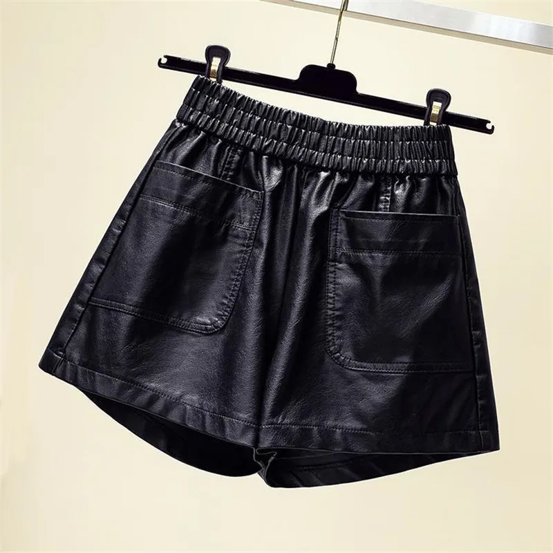 

Autumn Women Black Mini Leather Shorts Women Casual Elastic High Waist Plus Size Winter Fashion Lady Pu Leather Loose Buttoms