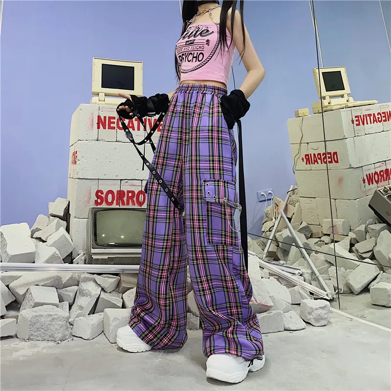 

Женские брюки-карго FAKUNTN Goth Y2K, фиолетовые клетчатые брюки в стиле хиппи, уличная одежда в стиле Харадзюку, женские брюки в клетку с высокой т...
