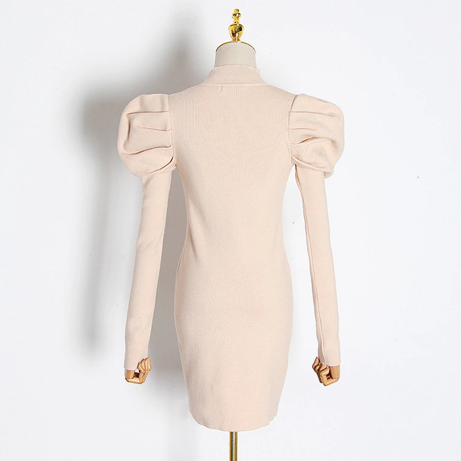 

2021 Summer New Women's Fashion Casual Puff Sleeve Long Sleeve High Neck Elegant Knitted Sweater Mini Dress Bodycon Party Dress