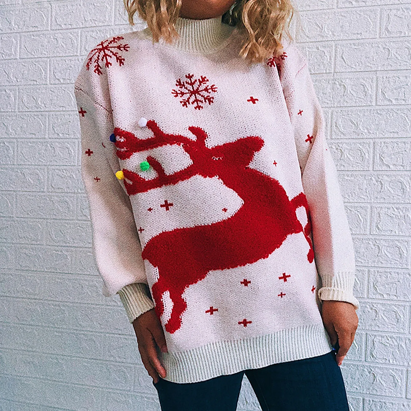 Фото Женский жаккардовый свитер с рождественским принтом теплый вязаный пуловер
