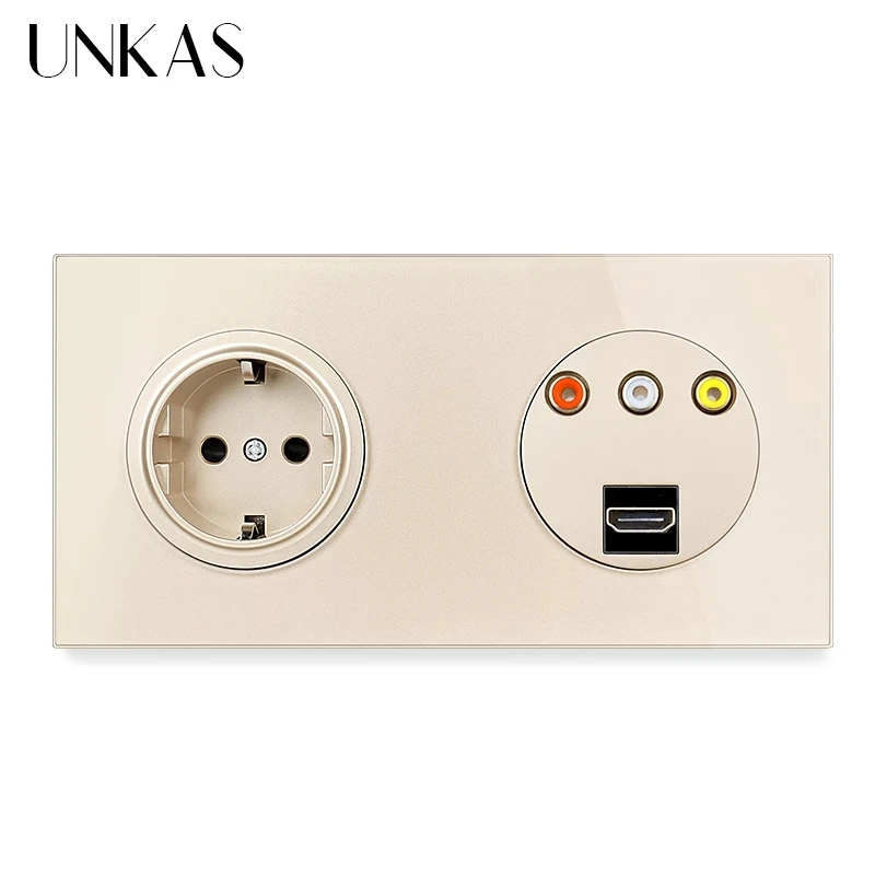 Двойная розетка UNKAS с европейской Золотой стеклянной панелью + вентилятор