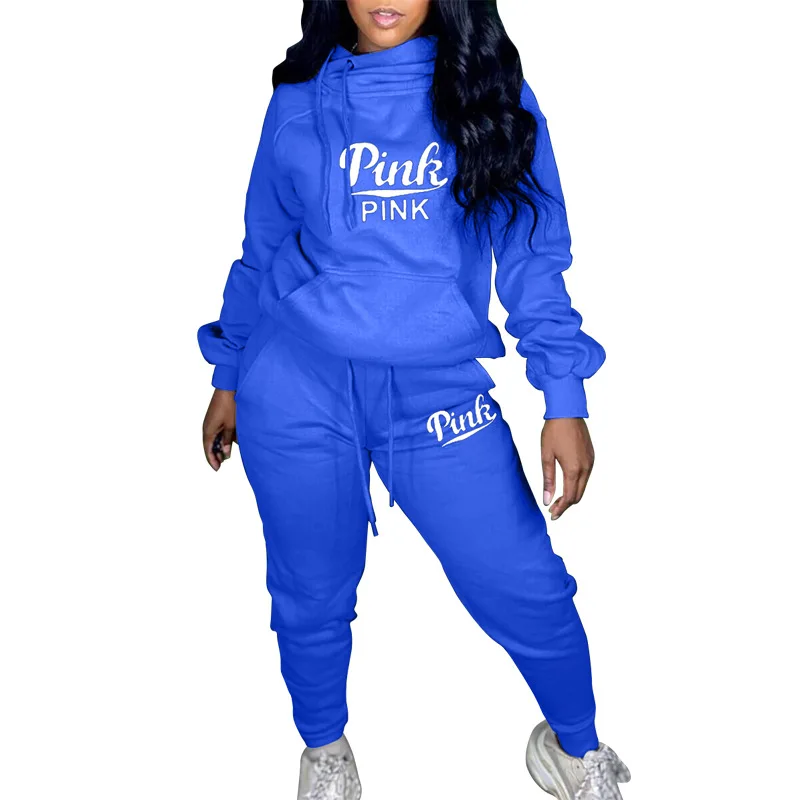 

Autumn 2020 new letter printed leisure sports suit fashion hooded long sleeve top and trousers women's two piece set