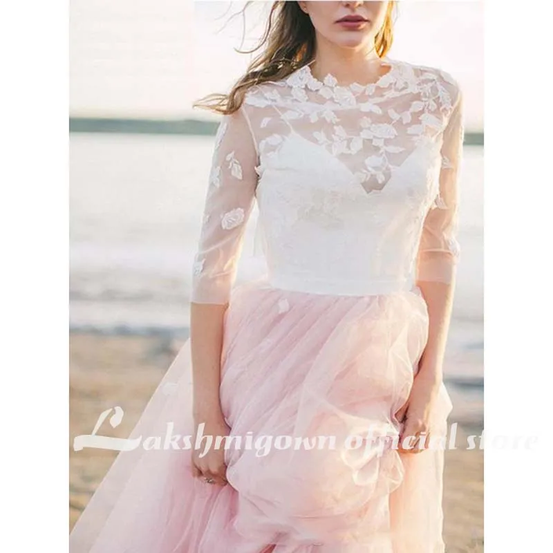 

Pink Tulle Beach Wedding Dresses Jewel Neck Half Sleeves Sexy Bridal Gowns A Line Dress Robe de mariee