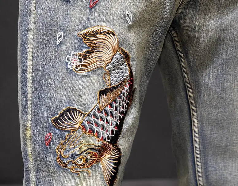 Brocade Carp Embroidered Jeans Men Straight Slim-Fit Distressed Washed Jeans Baggy Denim Pants Size 28-41