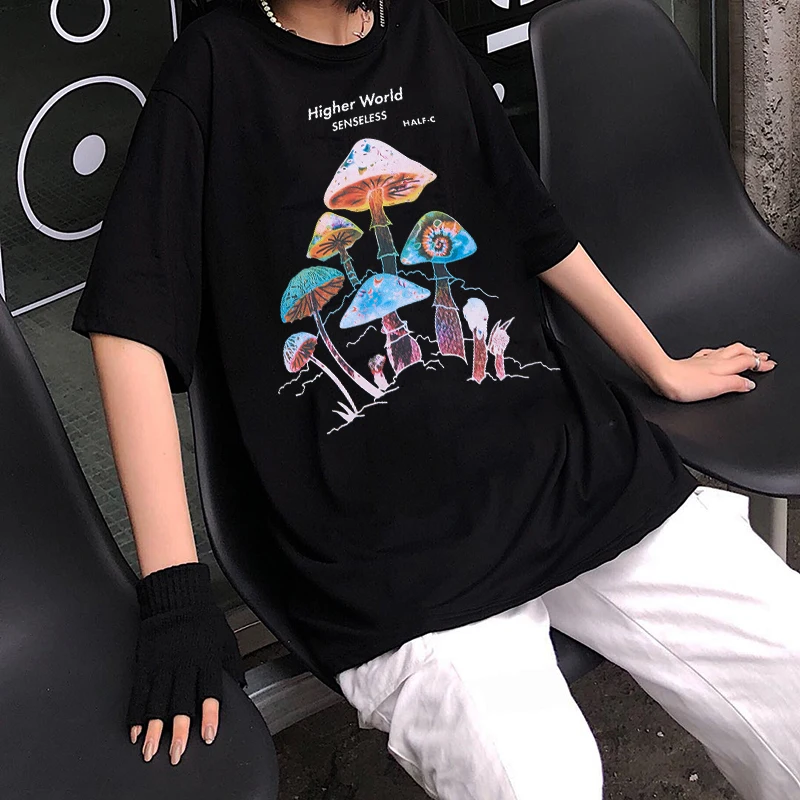 

Camiseta com estampa de cogumelo colorida, camiseta casual de rua harajuku 2020, pulôver casual feminina e masculina