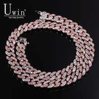 uwin white pink cz iced out 9mm cuban chian choker women necklace rose gold metal men hiphop jewelry for gift