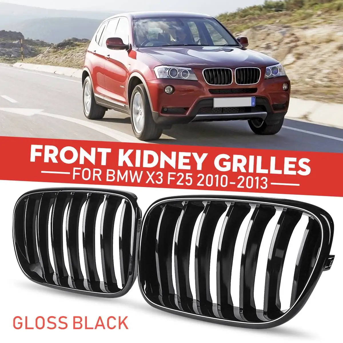 

One Pair ABS 2010-2013 Glossy Black Car Front Gril For BMW X3 F25 1 Line Slats Front Bumper Kidney Grille Auto Accessories