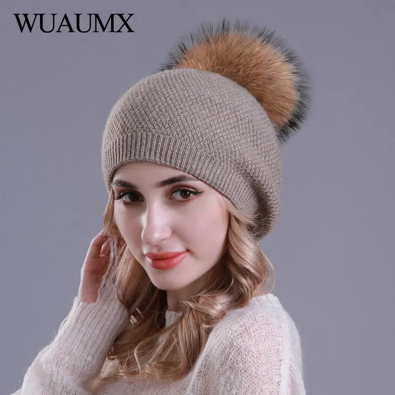 Wuaumx, модные зимние женские шапки, двойной слой, шерсть, вязаные шапочки, шапка, натуральный мех, помпон, шапки, теплые, Skullies, шапка для женщин