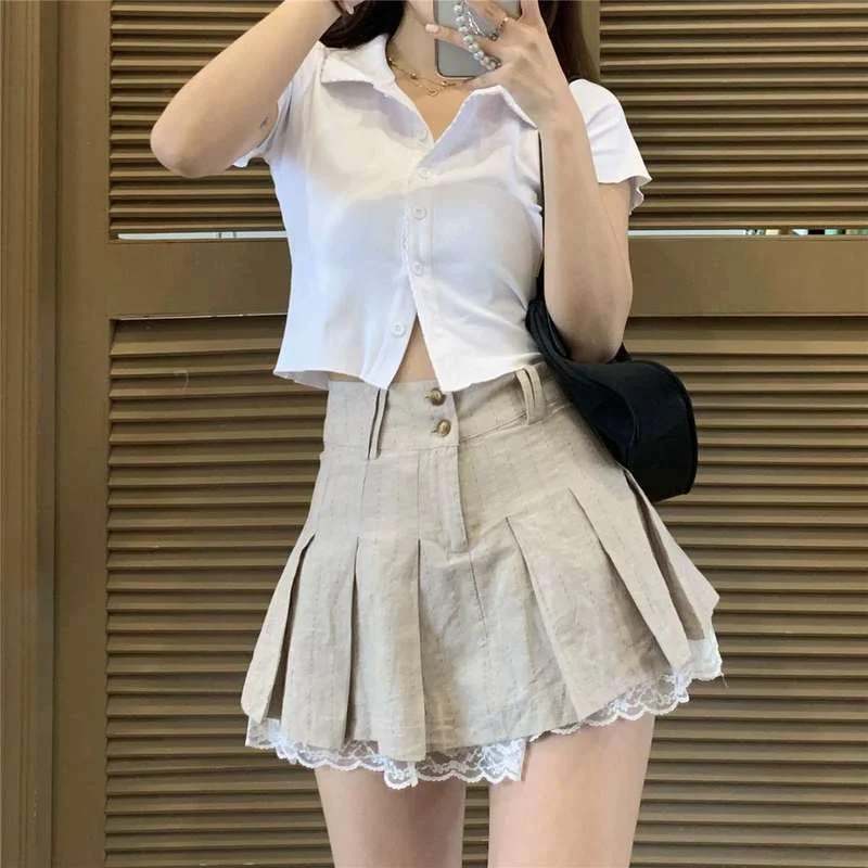 

2021 Korean Khaki Short Kawaii Lolita Skirt Lace Trim Cute Pleated Skater Womens Preppy Style Button Up High Waist Summer Skirt