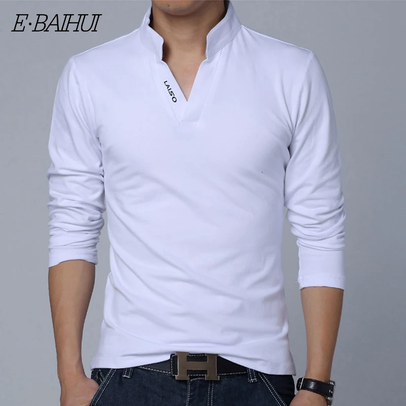

E-BAIHUI New fashion polo Men Solid Cotton POLO Long Sleeve Muscle Slim Fit V Neck Letter LAISO Print Srping Autumn Top Tee G006