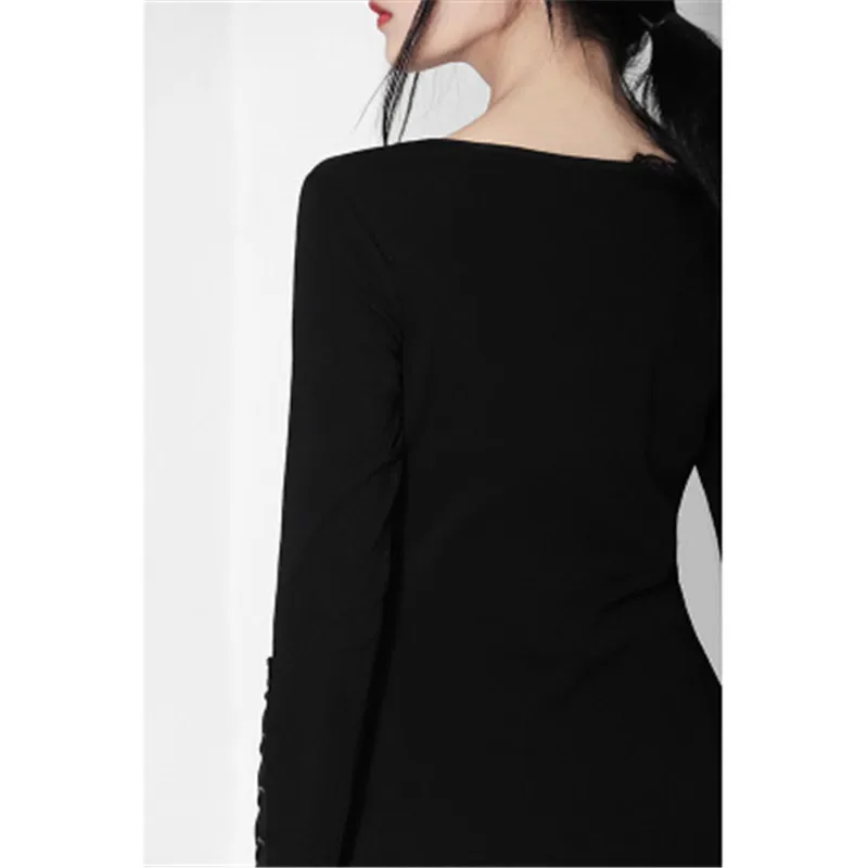Сексуальная футболка на шнуровке блузка с длинным рукавом осенняя Черная