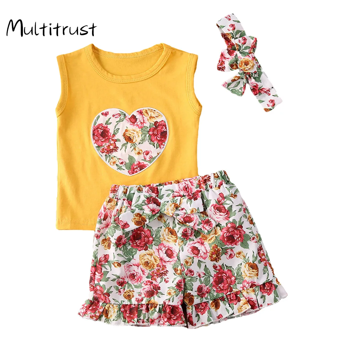 

Многоцелевой летний хлопковый жилет без рукавов с цветочным рисунком для маленьких девочек топы с высокой талией, шорты с повязкой на голов...