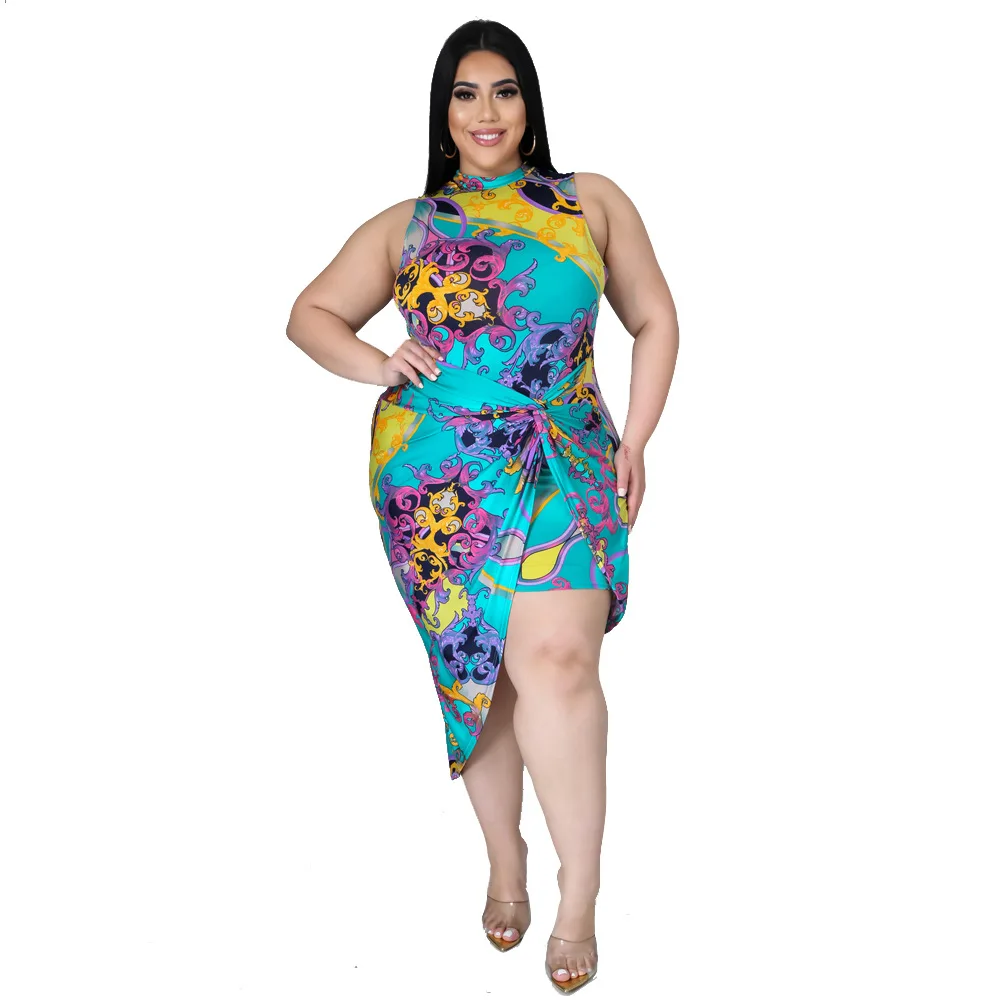 

Lrregular Dress 2021 Summer Waist Round Collar Big Size Fashion Temperament Dress Sexy Dashiki Sleeveless Women New Vestidos 4XL