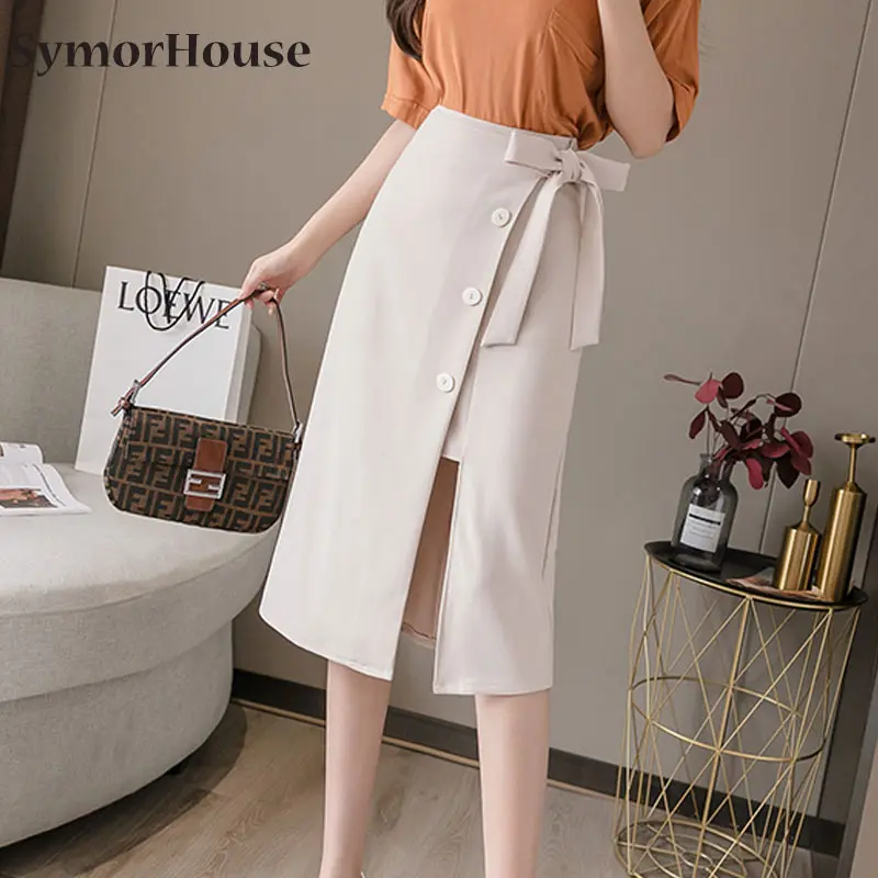 

Spring Summer Women Midi Skirt Breasted Sashes High Waist A-line Skirts Female Slit Package Hip Skirt Office OL Skirt Autumn