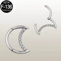 1pcs astm f 136 titanium 16g body piercing moon zircon crescent moon clicker shaped hinged segment hoop nose ring