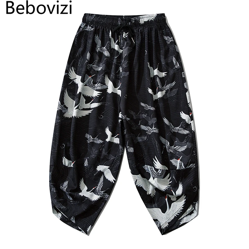 

Bebovizi Thin Japanese Kimono Pants Women Men Samurai Black Harem Pants Loose Elastic Waist Chinese Style Cosplay Trousers