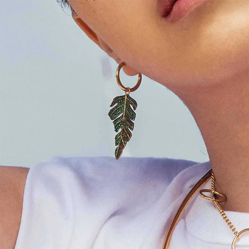 

Top Quality Fashion Real 925 Sterling Silver Single Tropical Jungle Large Green Leaf Earring 1pc Women Fine Party Jewelry