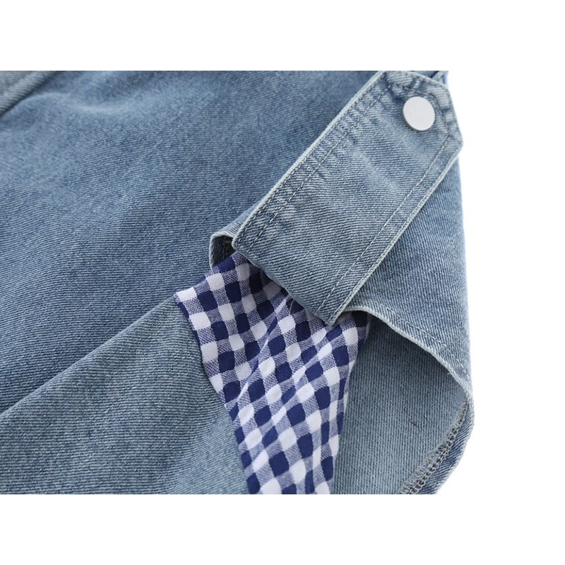 

CHICEVER Patchwork Plaid Jackets For Women Stand Collar Long Sleeve Hit Color Loose Denim Coats Female 2020 Autumn Clothing Tide