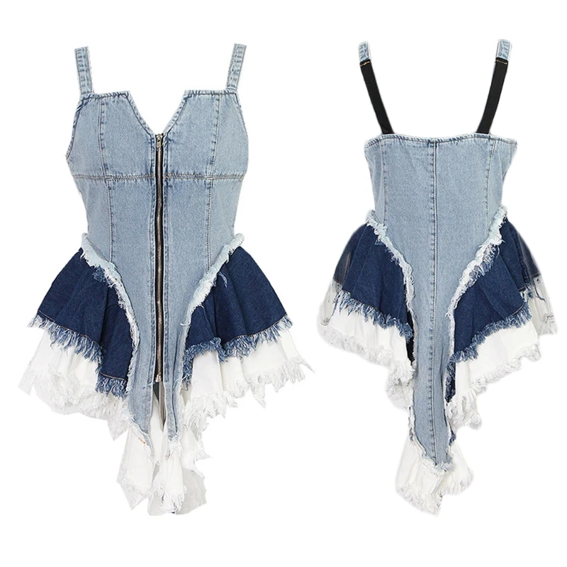 

Women Sexy Sleeveless V-Neck Zip Front Denim Mini Dress Contrast Color Layered Pleated Asymmetrical Tassel Streetwear