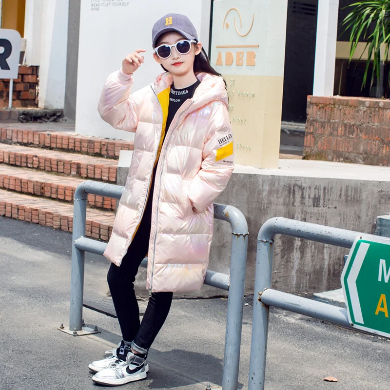 

New Colorful Children's Down Jacket Mid-length Boys Girls 90% White Duck Down Warm Coat Kids Hooded Shiny Down Jacket TZ754