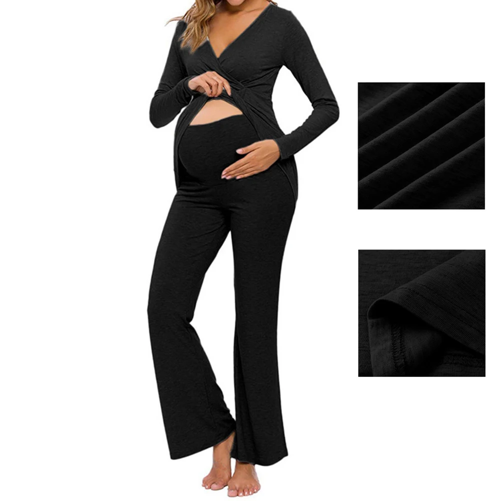 

Women Autumn Pregnancy Spring Long Sleeves Casual For Maternity V Neck Double Layer Tops Pants Nursing Pajama Set Home Elastic