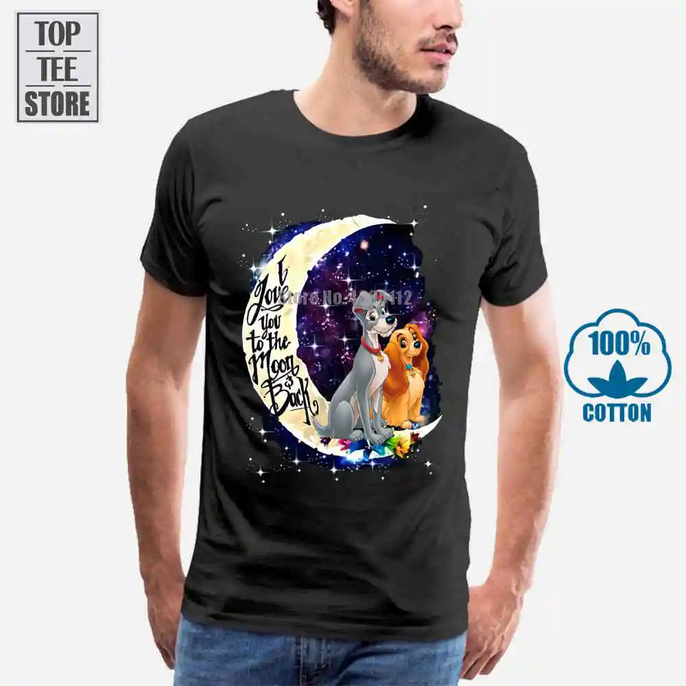 Мужская футболка с надписью Lady & The Tramp I Love You To Moon Back черная хлопковая Размеры S