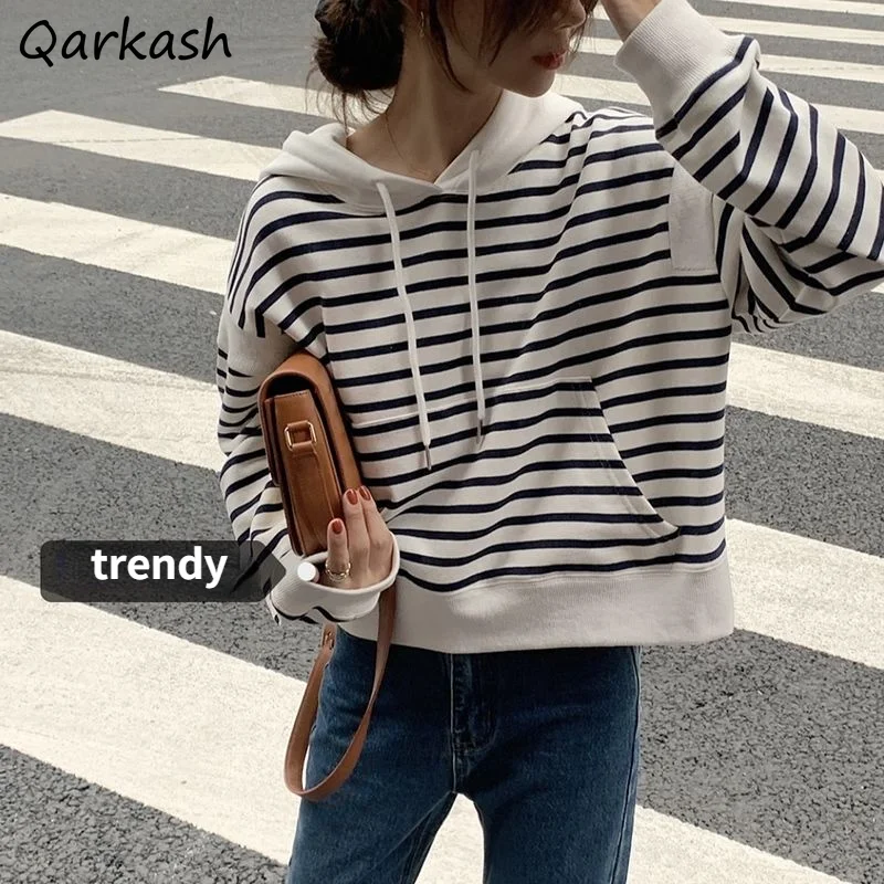 

Hoodies Women Retro Striped Loose Hooded Female Street Daily Cool Design Drop-shoulder Sleeve Kangaroo Pockets Trendy Girls Ins