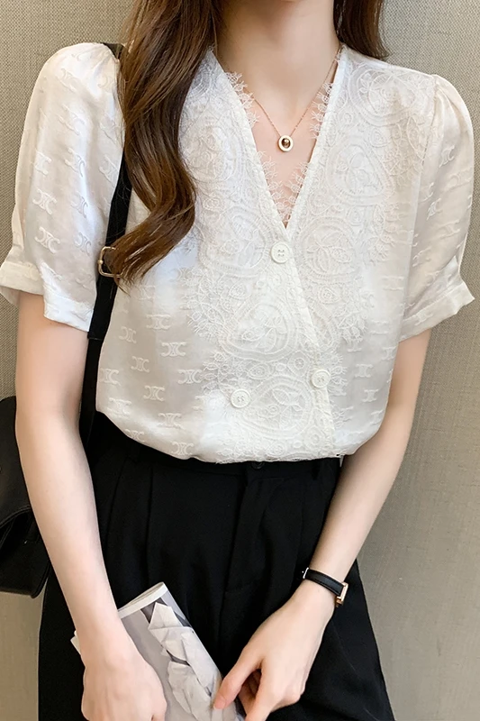 

Houthion Chiffon Slim Women's Blouses New Casual Blouse Lace Stitching Buttons V-neck Shirt Summer Fashion Short Sleeve Top