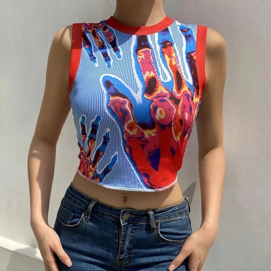 

2021 Summer Fashion Corset Top Patched Seeveless Crop Top Women Hot Vintage Print Tank Tops y2k Aesthetic New Sweats