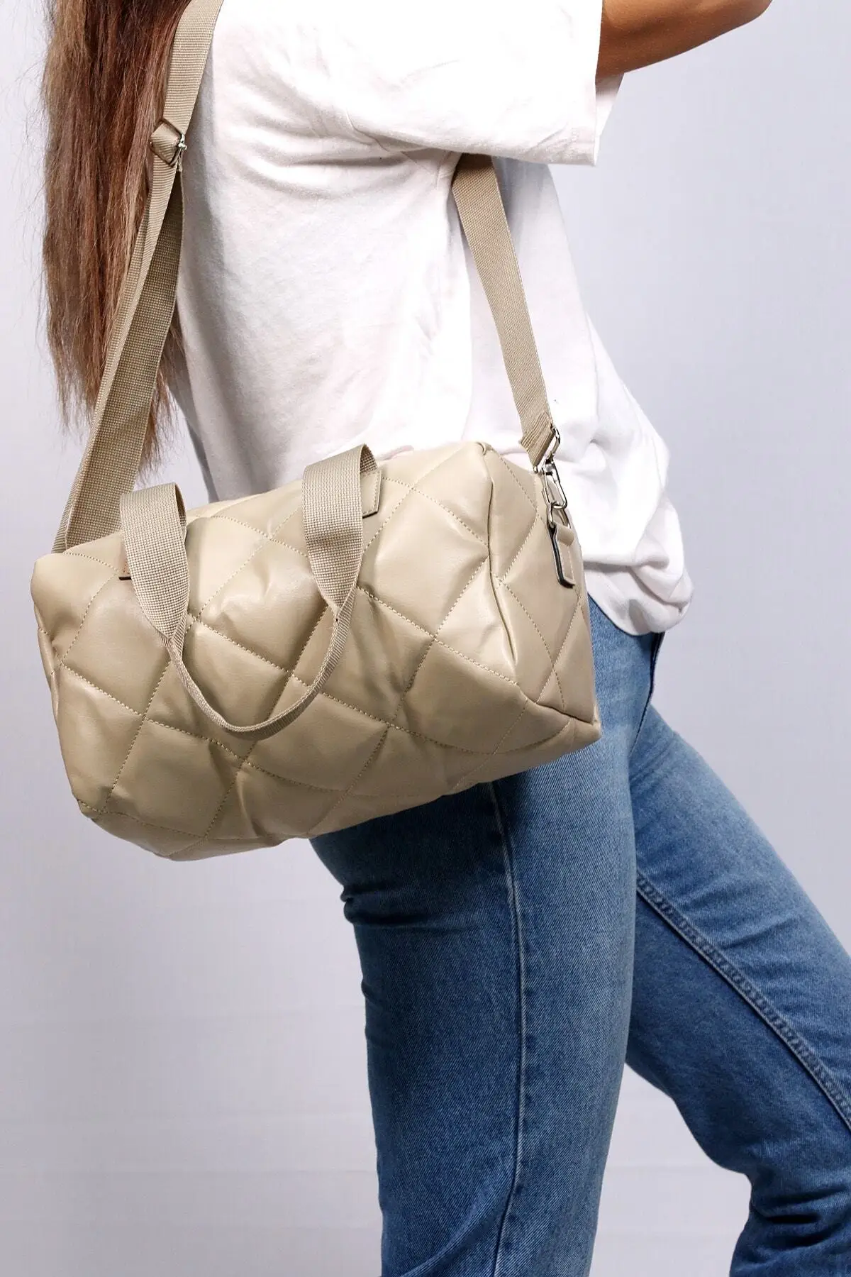 

Women's Beige Quilting Print Puff Cylinder Bag