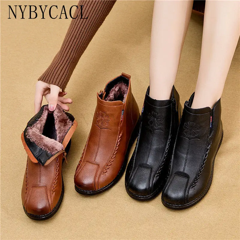 

Comfortable Elderly Shoes Women Boots Retro Shoes Ladies Soft Leather Ankle Boots Black Womens Winter Walking Shoes Waterproof