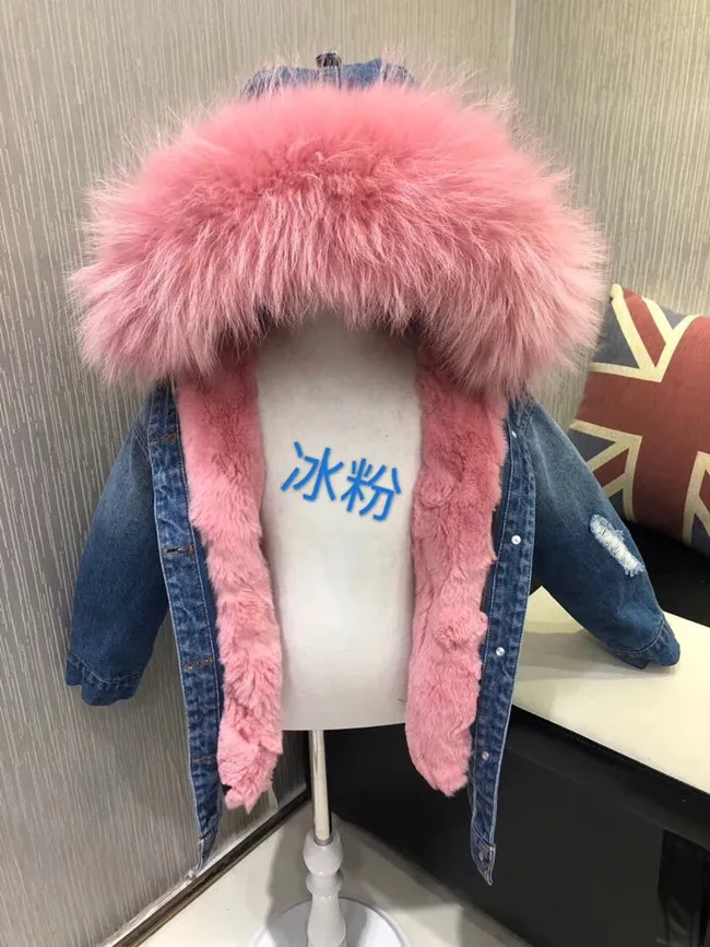 Blue top pink fur Джинсы для маленьких девочек зимняя розовая Меховая куртка с натуральным кроличьим мехом для малышей Детские Длинные парки синие джинсы со съемным мехом и большим меховым воротником для мальчиков - Цвет: Blue top pink fur