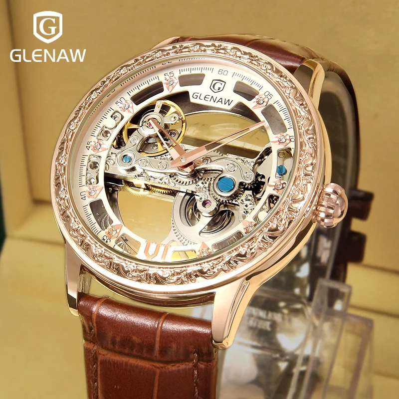 

Мужские автоматические механические часы, роскошные Брендовые мужские часы с полым дизайном, водонепроницаемые светящиеся часы с турбийон...