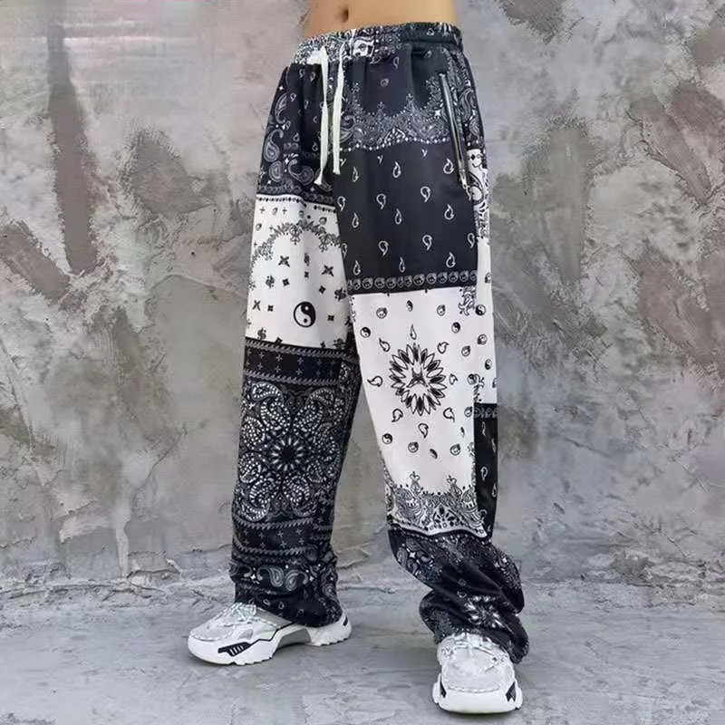 

High Street Cashew Flower Color Matching Full Printed Straight Sweatpants Men's Hip-Hop Retro Drawstring Casual Pants A127
