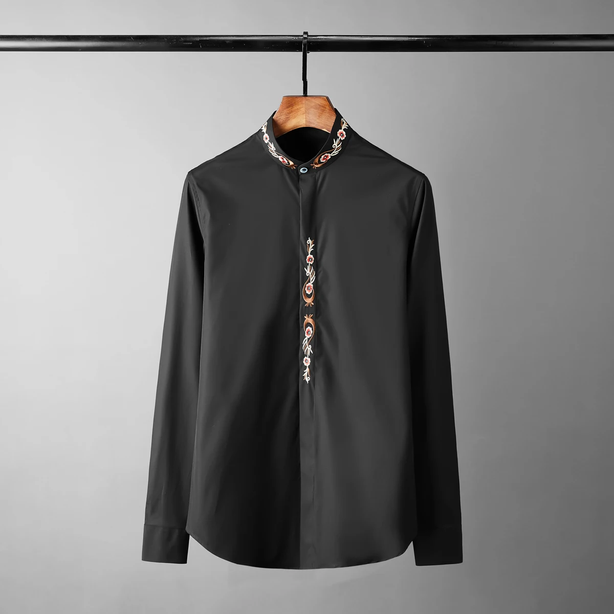 

Collar Luxury Stand Chinese Style Embroidery Long Sleeve Mens Dress Slim Fit Party Male Shirts 4XL