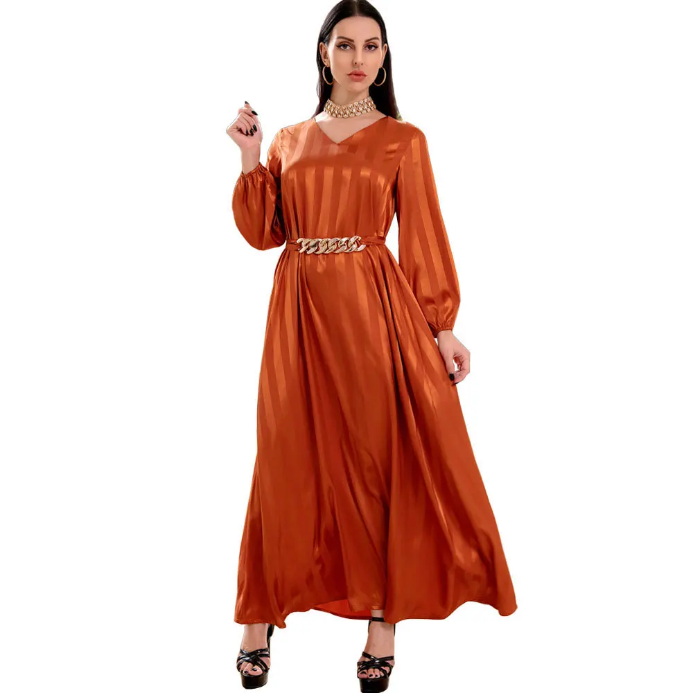 

Muslim Femininity V-neck Jacquard Satin Metal Belt Middle Eastern Dress Sleeve Long Skirt Islamic Clothing Kimono Robe Abaya