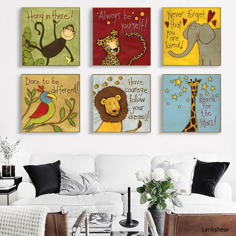 

Watercolor Kawaii Animal Big Stupid Lion Giraffe Monkey Bird Canvas Painting Child Bedroom Nordic Style Picture Of Home Decor