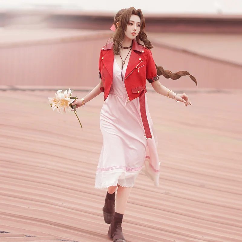 Final Fantasy VII Aerith Gainsborough Cosplay Costume Game FF7 Aerith Red Jacket Pink Dress Fancy Clothing Halloween Uniforms