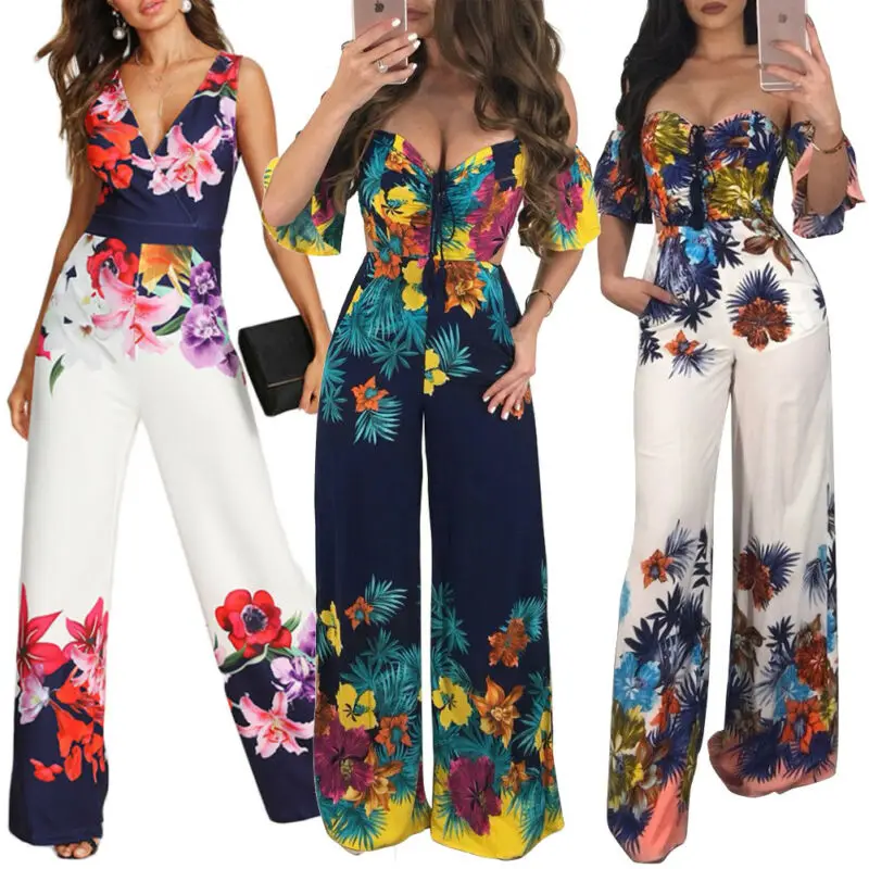 Женский шифоновый комбинезон с V образным вырезом и широкими штанинами|Женские