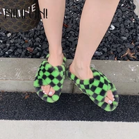 womens autumn shoes plaid cross straps platform wool slippers open toe slip on furry shoes flat cotton slippers casual soft fur
