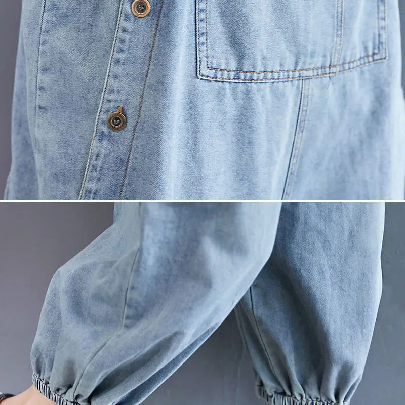 

Casual denim 2021 large size white buttons show thin cover belly reduce age versatile strap Capris women's knickerbockers