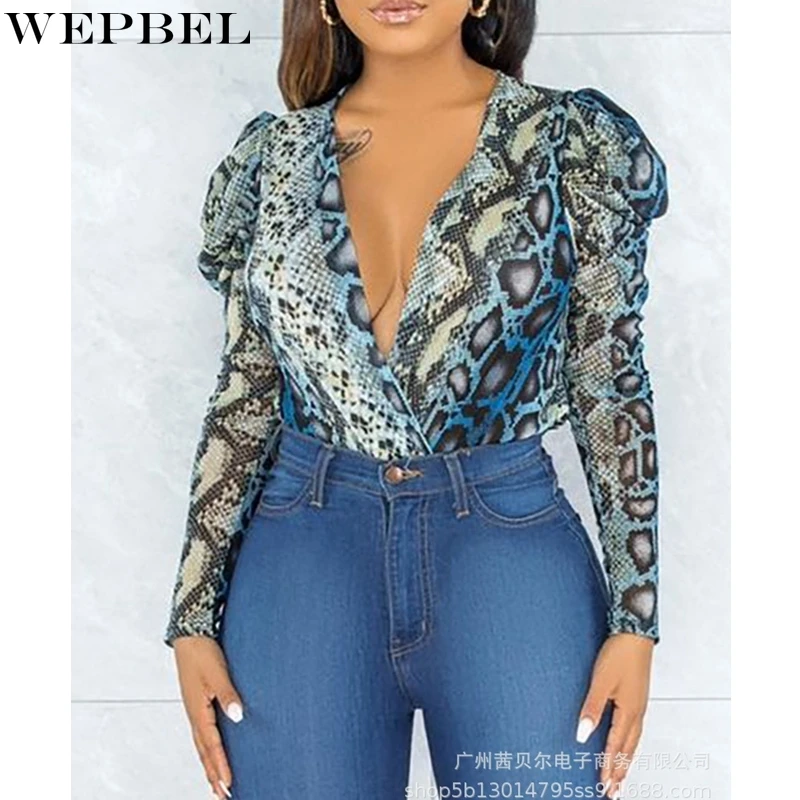 

WEPBEL T-shirt Top Women's Casual Slim Printed Pullover T-shirt Autumn Sexy Long Sleeve V-neck T-shirt