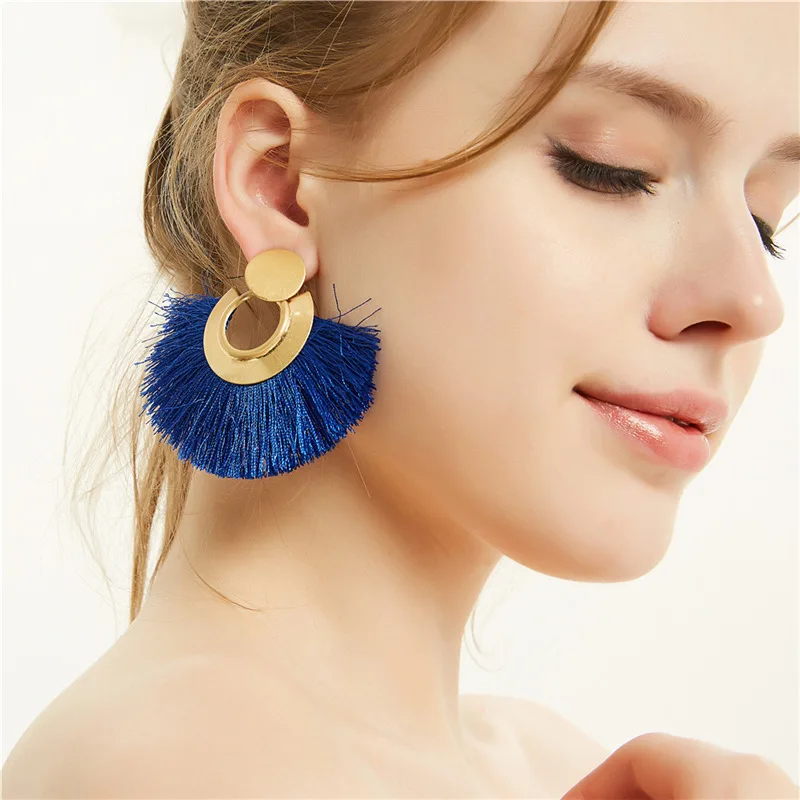Золотые серьги для женщин модные очаровательные богемные синие с кисточками