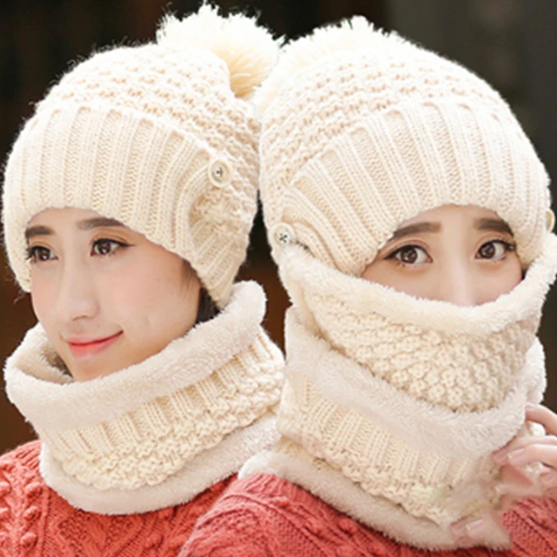 

3 Pcs/set Winter Hats For Women With Breathing Mask 2in1 Knitted Hat Girl Pompoms Hat Warm Add Fur Lined Protective Winter Hat
