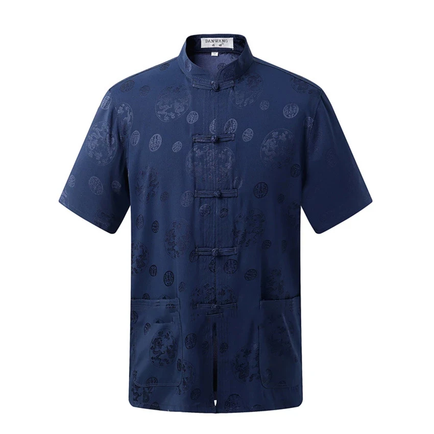 

Summer Chinese Traditional Clothing for Men Short Sleeve Retro Printed Satin Silk Top Stand Collar Tang Suit Blouse Kung Fu New