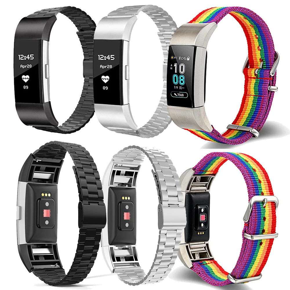 

Совместимый ремешок Fitbit Charge 2 3 4, Радужный ремешок, ЛГБТ нейлоновый металлический ремешок из нержавеющей стали, ремешок для часов с отдельны...