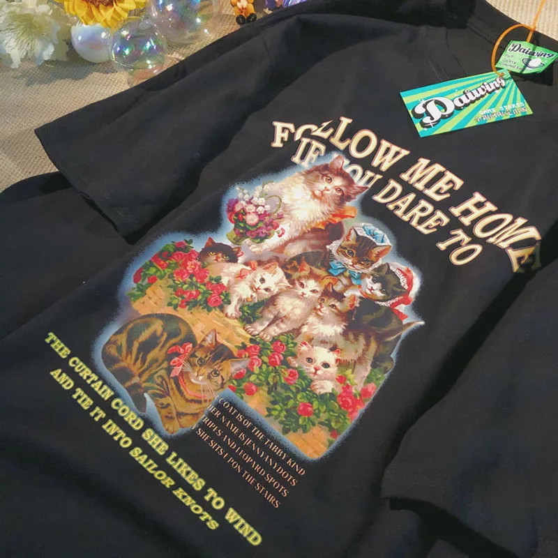 Футболка женская оверсайз с круглым вырезом и принтом Котенок | Женская одежда