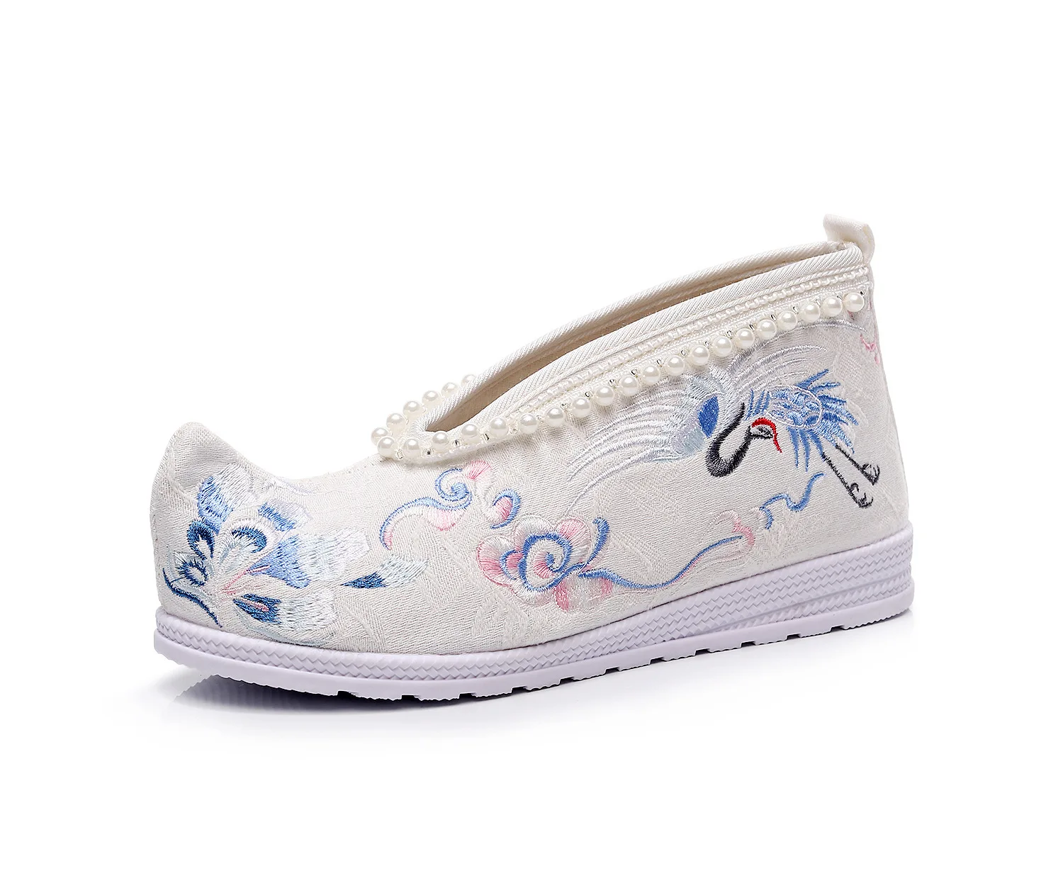 

Crane Flower Embroidered Shoes Hanfu Elegant Lace Pearl Cotton Flat Platforms Shoes Ladies Comfort Canvas Flats